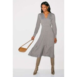 Dea Kudibal Blue Tan Geometric Print V-Neck Long Sleeve Midi Dress Small